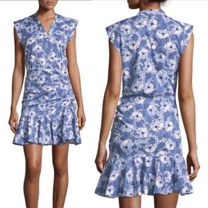 Veronica Beard Bell Bottom Ruched Fountain Floral Mini Dress Blue/White Size 8